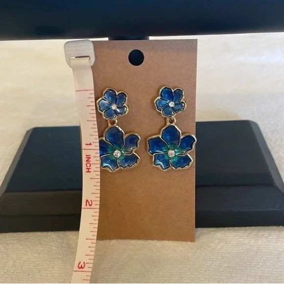 Vintage Double Flower Blue Enamel With Crystal Rhinestone Drop Earrings - Picture 8 of 8
